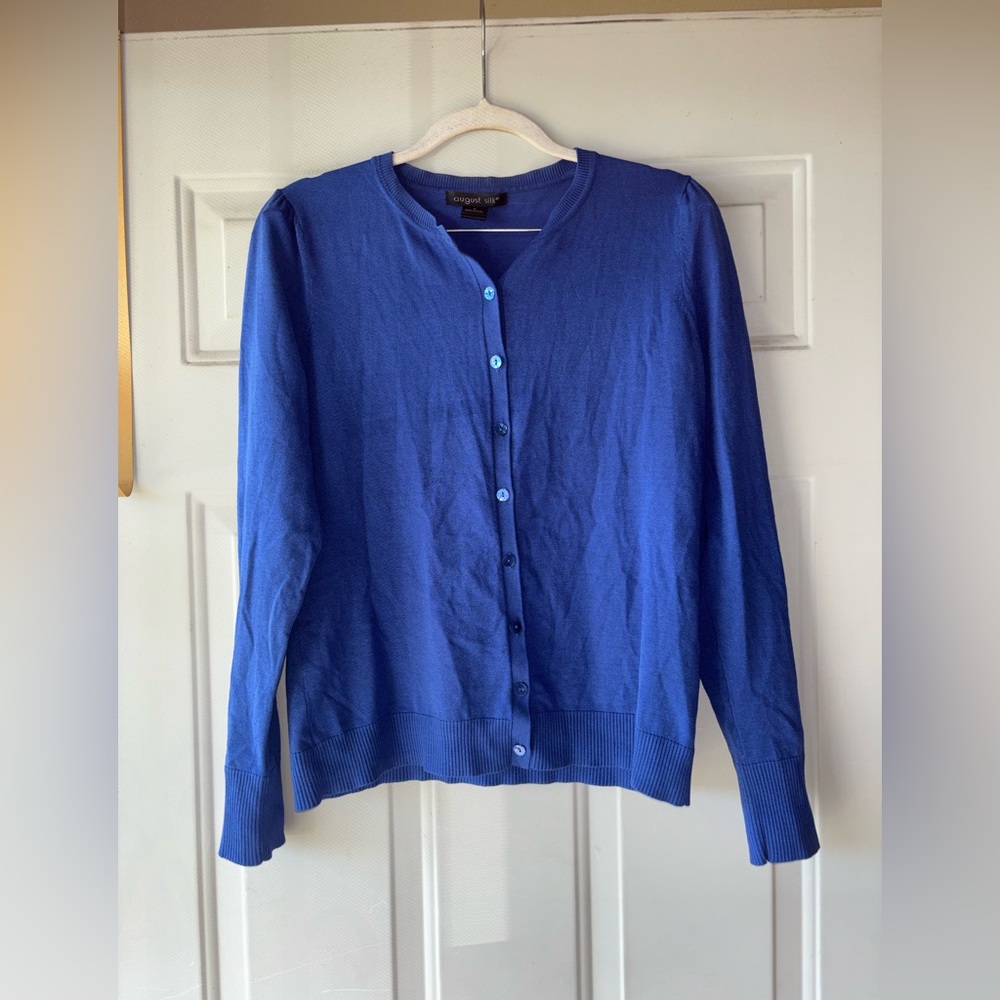 August Silk royal blue button front cardigan size M